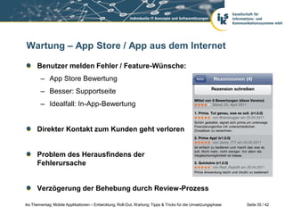 Wartung – App Store / App aus dem Internet

      Benutzer melden Fehler / Feature-Wünsche:
        – App Store Bewertung
        – Besser: Supportseite
        – Idealfall: In-App-Bewertung


      Direkter Kontakt zum Kunden geht verloren


      Problem des Herausfindens der
      Fehlerursache


      Verzögerung der Behebung durch Review-Prozess

iks Thementag: Mobile Applikationen – Entwicklung, Roll-Out, Wartung: Tipps & Tricks für die Umsetzungsphase   Seite 35 / 42
 