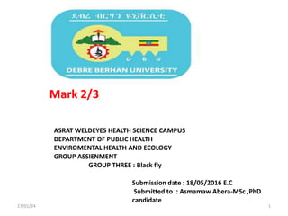Mark 2/3
Submission date : 18/05/2016 E.C
Submitted to : Asmamaw Abera-MSc ,PhD
candidate
27/01/24 1
ASRAT WELDEYES HEALTH SCIENCE CAMPUS
DEPARTMENT OF PUBLIC HEALTH
ENVIROMENTAL HEALTH AND ECOLOGY
GROUP ASSIENMENT
GROUP THREE : Black fly
 