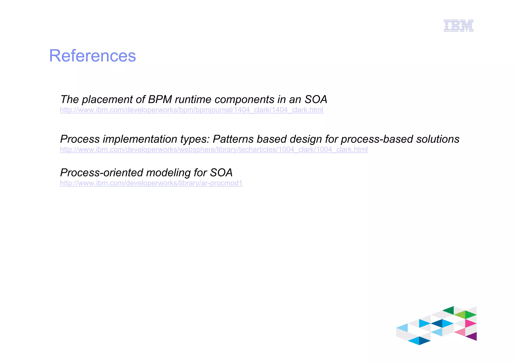 IBM Software Group
© 2012 IBM Corporation
References
The placement of BPM runtime components in an SOA
http://www.ibm.com/developerworks/bpm/bpmjournal/1404_clark/1404_clark.html
Process implementation types: Patterns based design for process-based solutions
http://www.ibm.com/developerworks/websphere/library/techarticles/1004_clark/1004_clark.html
Process-oriented modeling for SOA
http://www.ibm.com/developerworks/library/ar-procmod1
 