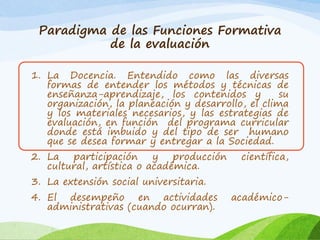 Paradigma de las Funciones Formativa
de la evaluación
1. La Docencia. Entendido como las diversas
formas de entender los métodos y técnicas de
enseñanza-aprendizaje, los contenidos y su
organización, la planeación y desarrollo, el clima
y los materiales necesarios, y las estrategias de
evaluación, en función del programa curricular
donde está imbuido y del tipo de ser humano
que se desea formar y entregar a la Sociedad.
2. La participación y producción científica,
cultural, artística o académica.
3. La extensión social universitaria.
4. El desempeño en actividades académico-
administrativas (cuando ocurran).
 