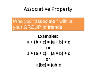 Associative PropertyWho you “associate “ with is your GROUP of friends Examples:a + (b + c) = (a + b) + c ora • (b • c) = (a • b) • c ora(bc) = (ab)c