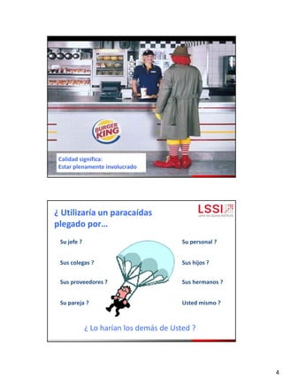 4
¿ Utilizaría un paracaídas
plegado por…
Su jefe ?
Sus colegas ?
Sus proveedores ?
Su pareja ?
Su personal ?
Sus hijos ?
Sus hermanos ?
Usted mismo ?
¿ Lo harían los demás de Usted ?
 