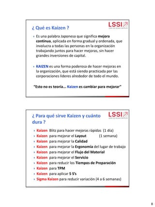 8
 Es una palabra Japonesa que significa mejora
continua, aplicada en forma gradual y ordenada, que
involucra a todas las personas en la organización
trabajando juntos para hacer mejoras, sin hacer
grandes inversiones de capital.
 KAIZEN es una forma poderosa de hacer mejoras en
la organización, que está siendo practicada por las
corporaciones líderes alrededor de todo el mundo.
“Esto no es teoría... Kaizen es cambiar para mejorar”
 Kaizen Blitz para hacer mejoras rápidas (1 día)
 Kaizen para mejorar el Layout (1 semana)
 Kaizen para mejorar la Calidad
 Kaizen para mejorar la Ergonomía del lugar de trabajo
 Kaizen para mejorar el Flujo del Material
 Kaizen para mejorar el Servicio
 Kaizen para reducir los Tiempos de Preparación
 Kaizen para TPM
 Kaizen para aplicar 5 S’s
 Sigma Kaizen para reducir variación (4 a 6 semanas)
 