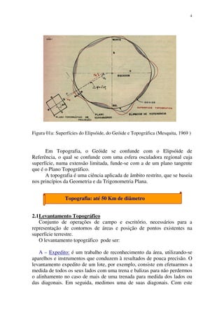 4
Topografia: até 50 Km de diâmetro
Figura 01a: Superfícies do Elipsóide, do Geóide e Topográfica (Mesquita, 1969 )
Em Topografia, o Geóide se confunde com o Elipsóide de
Referência, o qual se confunde com uma esfera osculadora regional cuja
superfície, numa extensão limitada, funde-se com a de um plano tangente
que é o Plano Topográfico.
A topografia é uma ciência aplicada de âmbito restrito, que se baseia
nos princípios da Geometria e da Trigonometria Plana.
2.1Levantamento Topográfico
Conjunto de operações de campo e escritório, necessários para a
representação de contornos de áreas e posição de pontos existentes na
superfície terrestre.
O levantamento topográfico pode ser:
A – Expedito: é um trabalho de reconhecimento da área, utilizando-se
aparelhos e instrumentos que conduzem à resultados de pouca precisão. O
levantamento expedito de um lote, por exemplo, consiste em efetuarmos a
medida de todos os seus lados com uma trena e balizas para não perdermos
o alinhamento no caso de mais de uma trenada para medida dos lados ou
das diagonais. Em seguida, medimos uma de suas diagonais. Com este
 