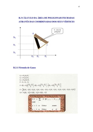 45
B.3 CÁLCULO DA ÁREA DE POLIGONAIS FECHADAS
ATRAVÉS DAS COORDENADAS DOS SEUS VÉRTICES
0
N0
N1 1
2
N2
E0 E2 E1
B.3.1 Fórmula de Gauss
S – área da
poligonal
 