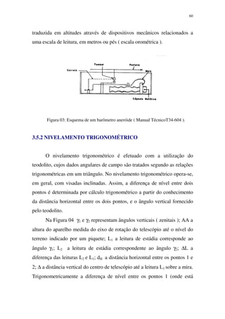 60
traduzida em altitudes através de dispositivos mecânicos relacionados a
uma escala de leitura, em metros ou pés ( escala orométrica ).
Figura 03: Esquema de um barômetro aneróide ( Manual TécnicoT34-604 ).
3.5.2 NIVELAMENTO TRIGONOMÉTRICO
O nivelamento trigonométrico é efetuado com a utilização do
teodolito, cujos dados angulares de campo são tratados segundo as relações
trigonométricas em um triângulo. No nivelamento trigonométrico opera-se,
em geral, com visadas inclinadas. Assim, a diferença de nível entre dois
pontos é determinada por cálculo trigonométrico a partir do conhecimento
da distância horizontal entre os dois pontos, e o ângulo vertical fornecido
pelo teodolito.
Na Figura 04 γ1 e γ2 representam ângulos verticais ( zenitais ); AA a
altura do aparelho medida do eixo de rotação do telescópio até o nível do
terreno indicado por um piquete; L1 a leitura de estádia corresponde ao
ângulo γ1; L2 a leitura de estádia correspondente ao ângulo γ2; ∆L a
diferença das leituras L2 e L1; dH a distância horizontal entre os pontos 1 e
2; ∆ a distância vertical do centro de telescópio até a leitura L1 sobre a mira.
Trigonometricamente a diferença de nível entre os pontos 1 (onde está
 