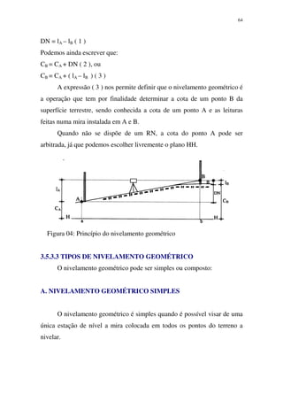 64
DN = lA – lB ( 1 )
Podemos ainda escrever que:
CB = CA + DN ( 2 ), ou
CB = CA + ( lA – lB ) ( 3 )
A expressão ( 3 ) nos permite definir que o nivelamento geométrico é
a operação que tem por finalidade determinar a cota de um ponto B da
superfície terrestre, sendo conhecida a cota de um ponto A e as leituras
feitas numa mira instalada em A e B.
Quando não se dispõe de um RN, a cota do ponto A pode ser
arbitrada, já que podemos escolher livremente o plano HH.
Figura 04: Princípio do nivelamento geométrico
3.5.3.3 TIPOS DE NIVELAMENTO GEOMÉTRICO
O nivelamento geométrico pode ser simples ou composto:
A. NIVELAMENTO GEOMÉTRICO SIMPLES
O nivelamento geométrico é simples quando é possível visar de uma
única estação de nível a mira colocada em todos os pontos do terreno a
nivelar.
 