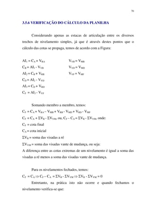 70
3.5.6 VERIFICAÇÃO DO CÁLCULO DA PLANILHA
Considerando apenas as estacas de articulação entre os diversos
trechos de nivelamento simples, já que é através destes pontos que o
cálculo das cotas se propaga, temos de acordo com a Figura:
AI1 = CA + VRA VVB = VMB
CB = AI1 - VVB VVD = VMD
AI2 = CB + VRB VVF = VMF
CD = AI2 - VVD
AI3 = CD + VRD
CF = AI3 - VVF
Somando membro a membro, temos:
CF = CA + VRA – VMB + VRB - VMD + VRD - VMF
CF = CA + ΣVR - ΣVVM, ou, CF – CA = ΣVR - ΣVVM, onde:
CF = cota final
CA = cota inicial
ΣVR = soma das visadas a ré
ΣVVM = soma das visadas vante de mudança, ou seja:
A diferença entre as cotas extremas de um nivelamento é igual a soma das
visadas a ré menos a soma das visadas vante de mudança.
Para os nivelamentos fechados, temos:
CF = CA ⇒ CF – CA = ΣVR - ΣVVM ⇒ ΣVR - ΣVVM = 0
Entretanto, na prática isto não ocorre e quando fechamos o
nivelamento verifica-se que:
 