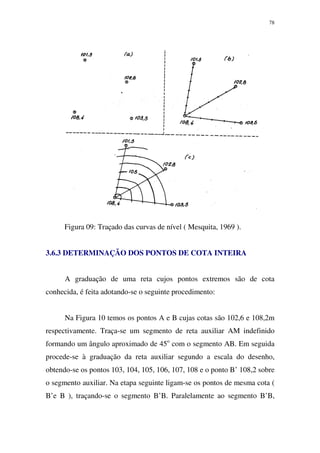 78
Figura 09: Traçado das curvas de nível ( Mesquita, 1969 ).
3.6.3 DETERMINAÇÃO DOS PONTOS DE COTA INTEIRA
A graduação de uma reta cujos pontos extremos são de cota
conhecida, é feita adotando-se o seguinte procedimento:
Na Figura 10 temos os pontos A e B cujas cotas são 102,6 e 108,2m
respectivamente. Traça-se um segmento de reta auxiliar AM indefinido
formando um ângulo aproximado de 45o
com o segmento AB. Em seguida
procede-se à graduação da reta auxiliar segundo a escala do desenho,
obtendo-se os pontos 103, 104, 105, 106, 107, 108 e o ponto B’ 108,2 sobre
o segmento auxiliar. Na etapa seguinte ligam-se os pontos de mesma cota (
B’e B ), traçando-se o segmento B’B. Paralelamente ao segmento B’B,
 