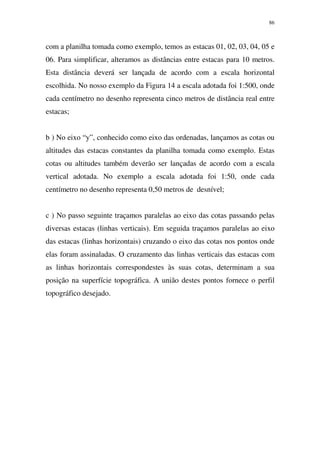 86
com a planilha tomada como exemplo, temos as estacas 01, 02, 03, 04, 05 e
06. Para simplificar, alteramos as distâncias entre estacas para 10 metros.
Esta distância deverá ser lançada de acordo com a escala horizontal
escolhida. No nosso exemplo da Figura 14 a escala adotada foi 1:500, onde
cada centímetro no desenho representa cinco metros de distância real entre
estacas;
b ) No eixo “y”, conhecido como eixo das ordenadas, lançamos as cotas ou
altitudes das estacas constantes da planilha tomada como exemplo. Estas
cotas ou altitudes também deverão ser lançadas de acordo com a escala
vertical adotada. No exemplo a escala adotada foi 1:50, onde cada
centímetro no desenho representa 0,50 metros de desnível;
c ) No passo seguinte traçamos paralelas ao eixo das cotas passando pelas
diversas estacas (linhas verticais). Em seguida traçamos paralelas ao eixo
das estacas (linhas horizontais) cruzando o eixo das cotas nos pontos onde
elas foram assinaladas. O cruzamento das linhas verticais das estacas com
as linhas horizontais correspondestes às suas cotas, determinam a sua
posição na superfície topográfica. A união destes pontos fornece o perfil
topográfico desejado.
 