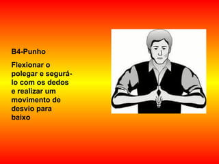 B4-Punho
Flexionar o
polegar e segurá-
lo com os dedos
e realizar um
movimento de
desvio para
baixo
 