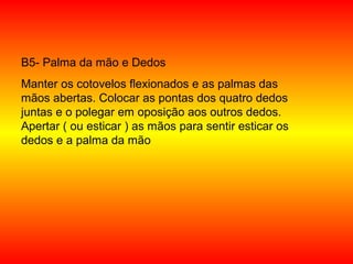 B5- Palma da mão e Dedos
Manter os cotovelos flexionados e as palmas das
mãos abertas. Colocar as pontas dos quatro dedos
juntas e o polegar em oposição aos outros dedos.
Apertar ( ou esticar ) as mãos para sentir esticar os
dedos e a palma da mão
 