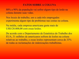 FATOS SOBRE A COLUNA
80% a 90% da população vai sofrer algum tipo de lesão na
coluna durante suas vidas.
Nos locais de trabalho, um a cada três empregados
experimenta algum tipo de problemas nas costas ou coluna.
Na média, cada empresa americana gasta mais de
US$120.000,00 com essas lesões.
De acordo com o Departamento de Estatística do Trabalho dos
EUA, 31 milhões de americanos sofrem de lesões na coluna
relativas ao trabalho, e essas lesões representam cerca de 33%
de todas as reclamações de indenizações trabalhistas.
 