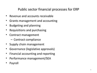 Public sector financial processes for ERP
•   Revenue and accounts receivable
•   Grants management and accounting
•   Budgeting and planning
•   Requisitions and purchasing
•   Contract management
     – Contract compliance
•   Supply chain management
•   Governance (legislative approvals)
•   Financial accounting and reporting
•   Performance management/SEA
•   Payroll
                                                      8
 
