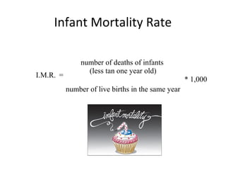 Infant Mortality Rate
I.M.R. =
number of deaths of infants
(less tan one year old)
* 1,000
number of live births in the same year
 