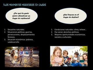 5.Los movimientos migratorios (I): causas
¿Por qué la gente
quiere abandonar su
lugar de residencia?
¿Qué buscan en el
lugar de destino?
1. Desastres naturales.
2. Situaciones políticas: guerras,
persecuciones, desplazamientos
forzosos.
3. Situación económica: pobreza,
subdesarrollo
1. Condiciones naturales: clima, relieve…
2. Paz social, derechos políticos.
3. Mayores oportunidades económicas,
sociales y culturales.
 