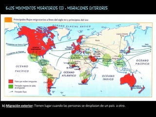 b) Migración exterior: Tienen lugar cuando las personas se desplazan de un país a otro.
6.Los movimientos migratorios (II) . Migraciones exteriores
 