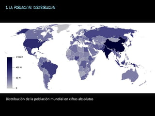1. LA POBLACIÓN: distribución
Distribución de la población mundial en cifras absolutas
 