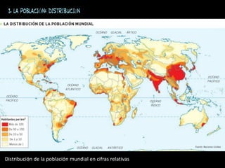 1. LA POBLACIÓN: distribución
Distribución de la población mundial en cifras relativas
 