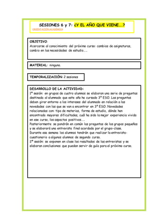 
SESIONES 6 y 7: ¿Y EL AÑO QUE VIENE….?
ORIENTACIÓN ACADÉMICA
OBJETIVO:
Acercarse al conocimiento del próximo curso: cambios de asignaturas,
cambio en las necesidades de estudio…..
MATERIAL: ninguno.
TEMPORALIZACIÓN: 2 sesiones
DESARROLLO DE LA ACTIVIDAD:
1ª sesión: en grupos de cuatro alumnos se elaboran una serie de preguntas
destinada al alumnado que este año ha cursado 3º ESO. Las preguntas
deben girar entorno a los intereses del alumnado en relación a las
novedades con las que se van a encontrar en 3º ESO. Novedades
relacionadas con: tipo de materias, forma de estudio, dónde han
encontrado mayores dificultades, cuál ha sido la mejor experiencia vivida
en ese curso, los aspectos positivos…..
Posteriormente se pondrán en común las preguntas de los grupos pequeños
y se elaborará una entrevista final acordada por el grupo-clase.
Durante esa semana los alumnos tendrán que realizar la entrevista-
cuestionario a algunos alumnos de segundo curso.
2ª sesión: se exponen en clase los resultados de las entrevistas y se
elaboran conclusiones que puedan servir de guía para el próximo curso.
 