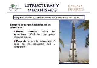 Carga: Cualquier tipo de fuerza que actúe sobre una estructura.


Ejemplos de cargas habituales en las
estructuras:
     Pesos     situados   sobre las
   estructuras: Vehículos que pasan
   sobre un puente.
     Peso de la propia estructura: El
   peso de los materiales que la
   componen.
 