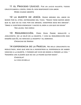 11 el Proceso (Juicio).           Fue un juicio injus to, todos
crucificamos a Jesús, pero él nos respondió con amor.
          Roma ciudad abierta


     12 la muerte de Jesús.              Signo máximo del amor es
morir por el otro, entregarse del todo. “Nadie tiene mayor amor
que el que da su vida por sis amigos, vosotros sois mis amigos”.
“Amad a vues tros enemigos y haced el bien a los que os odian”
          Tan lejos, tan cerca


     13    Resurrección.          Pero   Dios   Padre    resucitó    a
Jesucris to, no le dejó en la muer te, y con su resurrección nos
enseña que ÉL ha vencido la muer te y al demonio.
          Cronicas de Narnia


     14 e xperiencia de la Pascua.            No solo Jesucris to ha
resucitado, sino que nos da a nosos tros al e xperiencia de haber
vencido a la muer te, y porder así vivir sin miedo a perder la vida. “
Tendréis una alegría que no os la podr á quitar nadie”.
          Chocolat
          La vida es bella
 