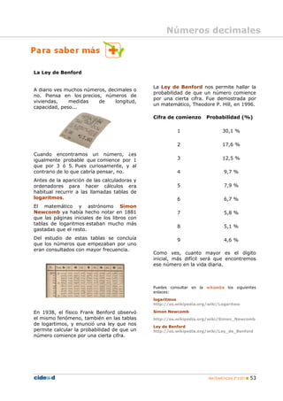 Números decimales



La Ley de Benford


                                              La Ley de Benford nos permite hallar la
A diario ves muchos números, decimales o
                                              probabilidad de que un número comience
no. Piensa en los precios, números de
                                              por una cierta cifra. Fue demostrada por
viviendas,    medidas    de     longitud,
                                              un matemático, Theodore P. Hill, en 1996.
capacidad, peso...

                                              Cifra de comienzo       Probabilidad (%)

                                                        1                    30,1 %

                                                        2                    17,6 %

Cuando encontramos un número, ¿es
igualmente probable que comience por 1                  3                    12,5 %
que por 3 ó 5. Pues curiosamente, y al
contrario de lo que cabría pensar, no.                  4                     9,7 %
Antes de la aparición de las calculadoras y
ordenadores para hacer cálculos era                     5                     7,9 %
habitual recurrir a las llamadas tablas de
logaritmos.                                             6                     6,7 %
El matemático y astrónomo Simon
Newcomb ya había hecho notar en 1881                    7                     5,8 %
que las páginas iniciales de los libros con
tablas de logaritmos estaban mucho más
                                                        8                     5,1 %
gastadas que el resto.
Del estudio de estas tablas se concluía                 9                     4,6 %
que los números que empezaban por uno
eran consultados con mayor frecuencia.
                                              Como ves, cuanto mayor es el dígito
                                              inicial, más difícil será que encontremos
                                              ese número en la vida diaria.



                                              Puedes consultar en la wikipedia los siguientes
                                              enlaces:
                                              logaritmos
                                              http://es.wikipedia.org/wiki/Logaritmo

En 1938, el físico Frank Benford observó      Simon Newcomb
el mismo fenómeno, también en las tablas      http://es.wikipedia.org/wiki/Simon_Newcomb
de logartimos, y enunció una ley que nos
                                              Ley de Benford
permite calcular la probabilidad de que un    http://es.wikipedia.org/wiki/Ley_de_Benford
número comience por una cierta cifra.




                                                                       MATEMÁTICAS 2º ESO    53
 