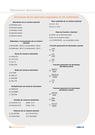Números decimales

       Soluciones de los ejercicios propuestos en los Contenidos
                                                 Raíz cuadrada de un número decimal
     Elementos de un número decimal
                                            a) 0,3 y -0,3
a) Periódico puro.
                                            b) 0,11 y -0,11
b) Decimal exacto.
c) Periódico mixto
                                                       Paso de fracción a decimal
d) Decimal exacto
                                            a) 0,455, es un decimal exacto
e) Número entero
                                            b) 63, es un número entero
                                            c) 0,1378378378… es un periódico mixto
 Redondeo y truncamiento de un número
                decimal
a) Redondeo: 60,62 y truncamiento: 60,61.   Fracción generatriz de decimales exactos
b) Redondeo: 36,47 y truncamiento: 36,47.        144
                                            a)
                                                  25
        Suma de números decimales                63
                                            b)
a) 1652,475                                      250
b) 1147,372                                      162
                                            c)
c) 141,71                                         5
d) 803,226                                        Fracción generatriz de decimales
                                                          periódicos puros

        Resta de números decimales               98593
                                            a)
                                                  999
a) 97,995
b) 348,717                                       896828
                                            b)
                                                  9999
c) 549,538
d) 201,732                                       172
                                            c)
                                                  9

   Multiplicación de números decimales
                                                  Fracción generatriz de decimales
a) 3606,818
                                                         periódicos mixtos
b) 33,55896
                                                 26549
c) 756,756                                  a)
                                                  990
                                                 889
      División de números decimales         b)
                                                 990
a) Cociente: 6,3          Resto: 0,12
                                                 44147
b) Cociente:45,2          Resto: 0,02       c)
                                                 4950

      Potencia de un número decimal
a) 22,425768              b) 0,321419125
c) 4 decimales            d) 6 decimales




56  MATEMÁTICAS 2º ESO
 