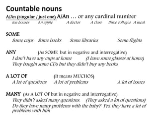 Countable nouns
A/An (singular / just one) A/An … or any cardinal number
ten houses An apple A doctor A class three colleges A meal
SOME
Some cups Some books Some libraries Some flights
ANY (As SOME but in negative and interrogative)
I don’t have any cups at home (I have some glasses at home)
They bought some CDs but they didn’t buy any books
A LOT OF (It means MUCHOS)
A lot of questions A lot of problems A lot of issues
MANY (As A LOT OF but in negative and interrogative)
They didn’t asked many questions. (They asked a lot of questions)
Do they have many problems with the baby? Yes, they have a lot of
problems with him
 