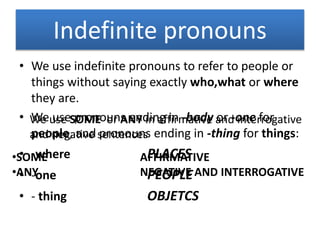 Indefinite pronouns
• We use indefinite pronouns to refer to people or
things without saying exactly who,what or where
they are.
• We use pronouns ending in -body or -one for
people, and pronouns ending in -thing for things:
• -where PLACES
• -one PEOPLE
• - thing OBJETCS
We use SOME or ANY in affirmative and interrogative
and negative sentences
•SOME AFFIRMATIVE
•ANY NEGATIVE AND INTERROGATIVE
 