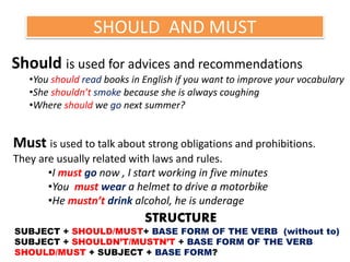 SHOULD AND MUST
Should is used for advices and recommendations
•You should read books in English if you want to improve your vocabulary
•She shouldn’t smoke because she is always coughing
•Where should we go next summer?
Must is used to talk about strong obligations and prohibitions.
They are usually related with laws and rules.
•I must go now , I start working in five minutes
•You must wear a helmet to drive a motorbike
•He mustn’t drink alcohol, he is underage
STRUCTURE
SUBJECT + SHOULD/MUST+ BASE FORM OF THE VERB (without to)
SUBJECT + SHOULDN’T/MUSTN’T + BASE FORM OF THE VERB
SHOULD/MUST + SUBJECT + BASE FORM?
 