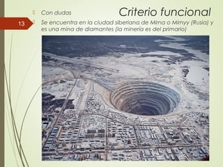 Criterio funcional Con dudas
 Se encuentra en la ciudad siberiana de Mirna o Mirnyy (Rusia) y
es una mina de diamantes (la minería es del primario)
13
 