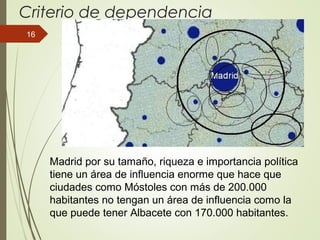 Criterio de dependencia
Madrid por su tamaño, riqueza e importancia política
tiene un área de influencia enorme que hace que
ciudades como Móstoles con más de 200.000
habitantes no tengan un área de influencia como la
que puede tener Albacete con 170.000 habitantes.
16
 