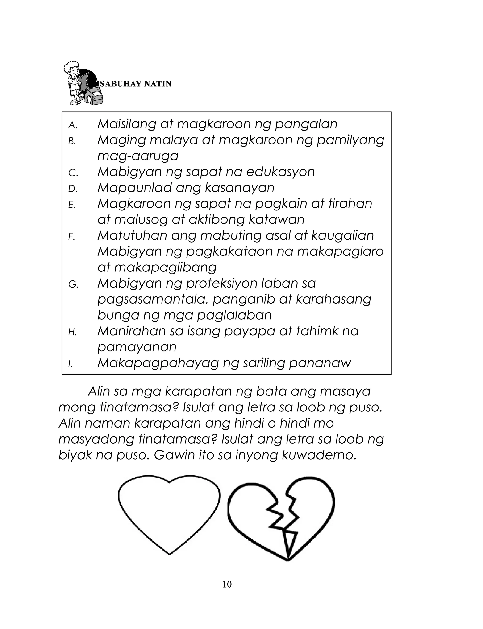 A.
B.
C.
D.
E.
F.

G.

H.
I.

Maisilang at magkaroon ng pangalan
Maging malaya at magkaroon ng pamilyang
mag-aaruga
Mabigyan ng sapat na edukasyon
Mapaunlad ang kasanayan
Magkaroon ng sapat na pagkain at tirahan
at malusog at aktibong katawan
Matutuhan ang mabuting asal at kaugalian
Mabigyan ng pagkakataon na makapaglaro
at makapaglibang
Mabigyan ng proteksiyon laban sa
pagsasamantala, panganib at karahasang
bunga ng mga paglalaban
Manirahan sa isang payapa at tahimk na
pamayanan
Makapagpahayag ng sariling pananaw

Alin sa mga karapatan ng bata ang masaya
mong tinatamasa? Isulat ang letra sa loob ng puso.
Alin naman karapatan ang hindi o hindi mo
masyadong tinatamasa? Isulat ang letra sa loob ng
biyak na puso. Gawin ito sa inyong kuwaderno.

10

 