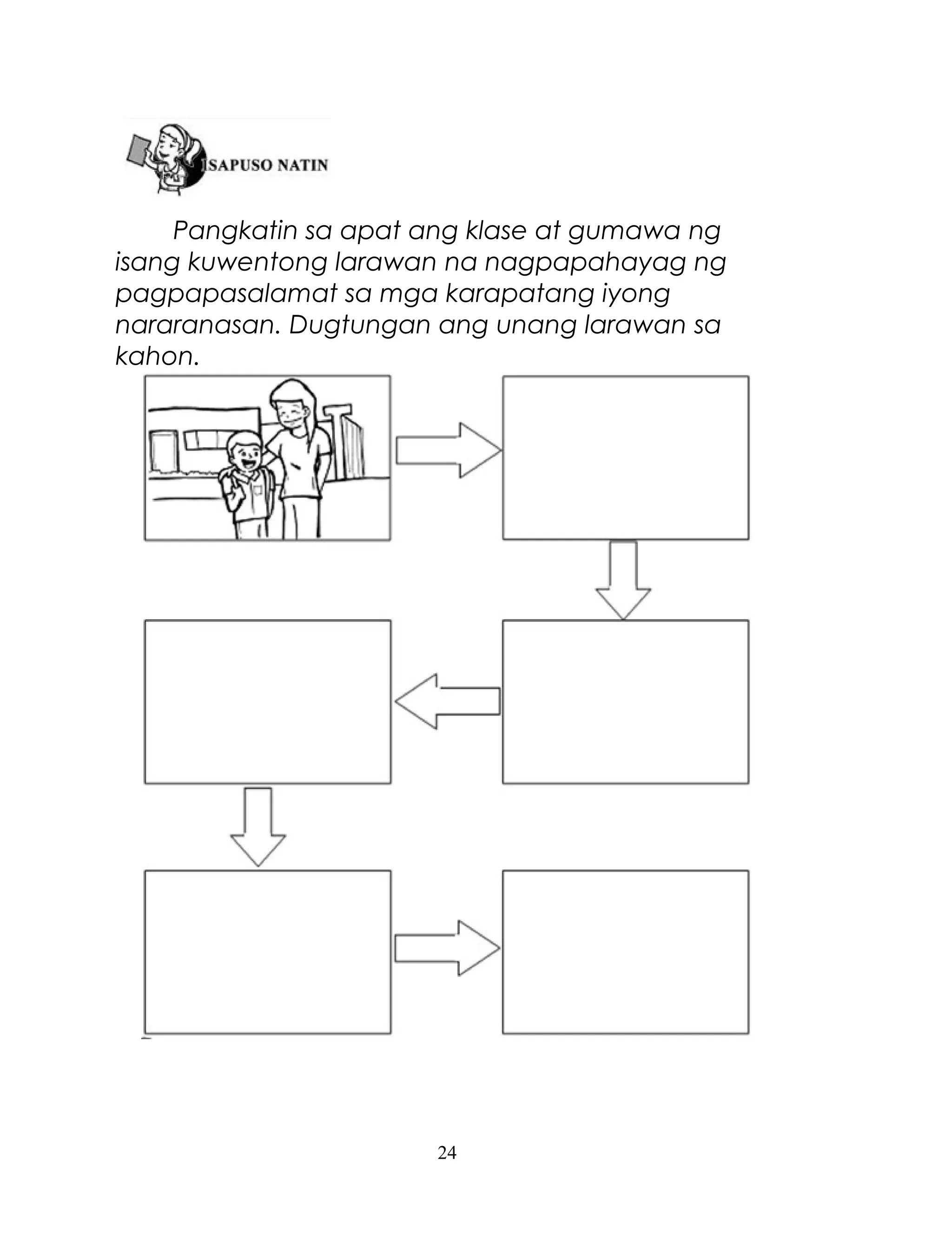 Pangkatin sa apat ang klase at gumawa ng
isang kuwentong larawan na nagpapahayag ng
pagpapasalamat sa mga karapatang iyong
nararanasan. Dugtungan ang unang larawan sa
kahon.

24

 