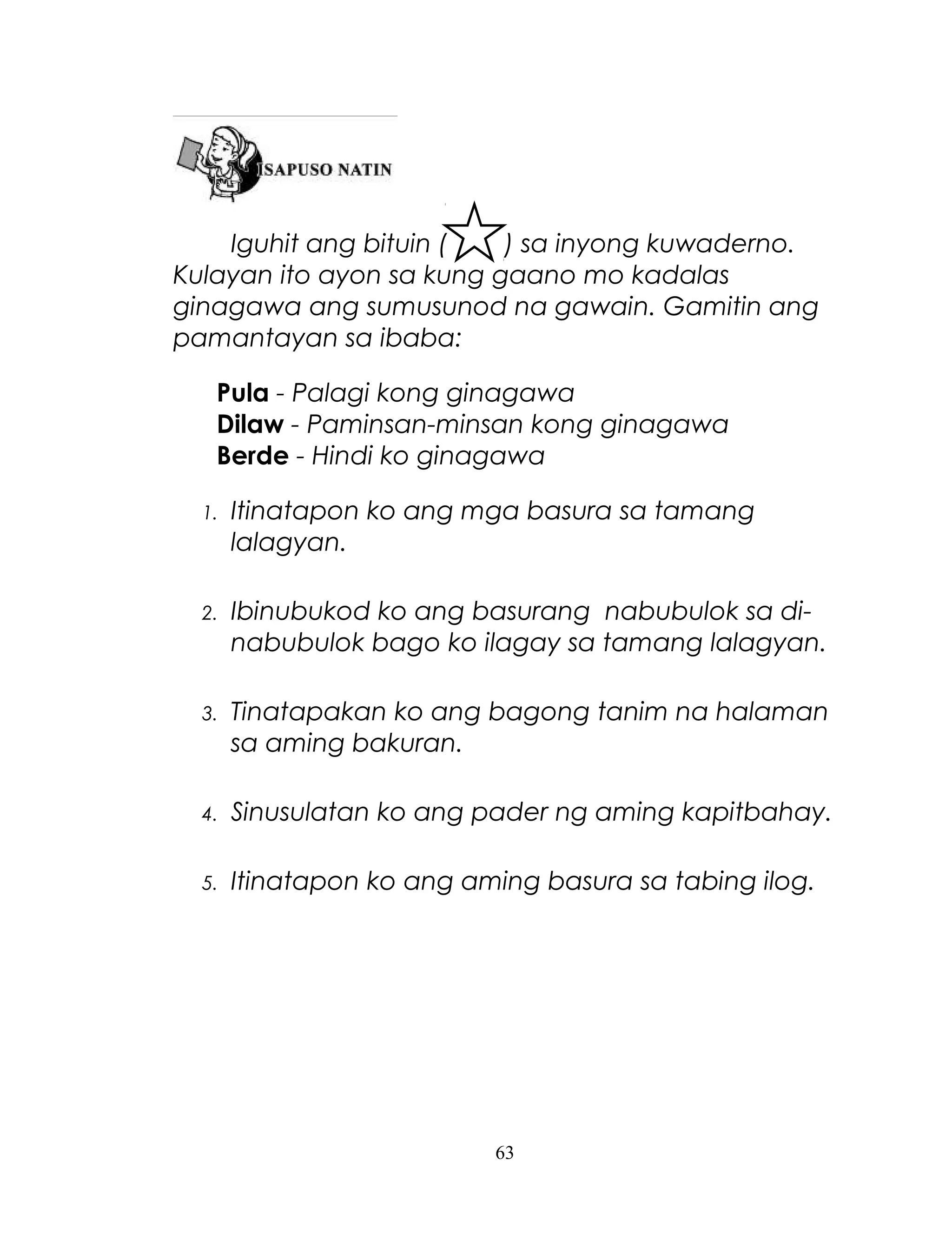Iguhit ang bituin (
) sa inyong kuwaderno.
Kulayan ito ayon sa kung gaano mo kadalas
ginagawa ang sumusunod na gawain. Gamitin ang
pamantayan sa ibaba:
Pula - Palagi kong ginagawa
Dilaw - Paminsan-minsan kong ginagawa
Berde - Hindi ko ginagawa
1.

Itinatapon ko ang mga basura sa tamang
lalagyan.

2.

Ibinubukod ko ang basurang nabubulok sa dinabubulok bago ko ilagay sa tamang lalagyan.

3.

Tinatapakan ko ang bagong tanim na halaman
sa aming bakuran.

4.

Sinusulatan ko ang pader ng aming kapitbahay.

5.

Itinatapon ko ang aming basura sa tabing ilog.

63

 
