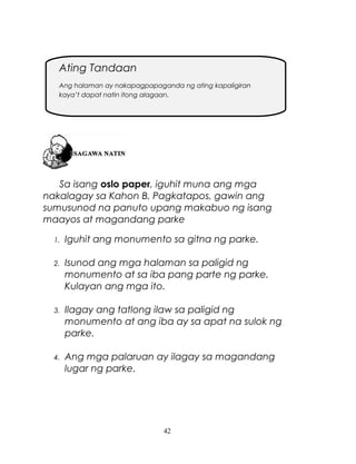 Ating Tandaan
Ang halaman ay nakapagpapaganda ng ating kapaligiran
kaya’t dapat natin itong alagaan.

Sa isang oslo paper, iguhit muna ang mga
nakalagay sa Kahon B. Pagkatapos, gawin ang
sumusunod na panuto upang makabuo ng isang
maayos at magandang parke
1.

Iguhit ang monumento sa gitna ng parke.

2.

Isunod ang mga halaman sa paligid ng
monumento at sa iba pang parte ng parke.
Kulayan ang mga ito.

3.

Ilagay ang tatlong ilaw sa paligid ng
monumento at ang iba ay sa apat na sulok ng
parke.

4.

Ang mga palaruan ay ilagay sa magandang
lugar ng parke.

42

 