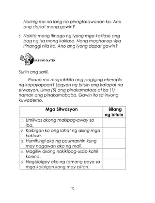 Narinig mo na lang na pinagtatawanan ka. Ano
ang dapat mong gawin?
5.

Nakita mong itinago ng iyong mga kaklase ang
bag ng isa mong kaklase. Nang maghanap siya
itinanggi nila ito. Ano ang iyong dapat gawin?

Suriin ang sarili.
Paano mo maipakikita ang pagiging ehemplo
ng kapayapaan? Lagyan ng bituin ang katapat na
sitwasyon. Lima (5) ang pinakamataas at isa (1)
naman ang pinakamababa. Gawin ito sa inyong
kuwaderno.

Mga Sitwasyon
1.
2.
3.
4.
5.

Umiiwas akong makipag-away sa
iba.
Kaibigan ko ang lahat ng aking mga
kaklase.
Humihingi ako ng paumanhin kung
may nagawan ako ng mali.
Magiliw akong nakikipag-usap kahit
kanino .
Nagbibigay ako ng tamang payo sa
mga kaibigan kong may alitan.

72

Bilang
ng bituin

 