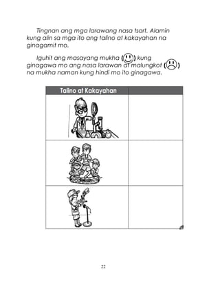 Tingnan ang mga larawang nasa tsart. Alamin
kung alin sa mga ito ang talino at kakayahan na
ginagamit mo.
Iguhit ang masayang mukha (
) kung
ginagawa mo ang nasa larawan at malungkot (
na mukha naman kung hindi mo ito ginagawa.

22

)

 