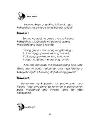 Ano-ano kaya ang aking talino at mga
kakayahan na puwede kong ibahagi sa iba?
Gawain 1
Bumuo ng apat na grupo ayon sa inyong
kakayahan. Maghanda ng palabas upang
maipakita ang inyong talento.
Unang grupo – marunong magdrowing
Ikalawang grupo – marunong umawit
Ikatlong grupo – marunong sumayaw
Ikaapat na grupo – marunong tumula
Ano ang masasabi mo sa ipinakitang palabas?
Gusto mo rin bang matutuhan ang mga telento o
kakayahang ito? Ano ang dapat mong gawin?
Gawain 2
Humanap ng kapareha at pag-usapan ang
inyong mga ginagawa sa tahanan o pamayanan
para maibahagi ang inyong talino at mga
kakayahan.

31

 