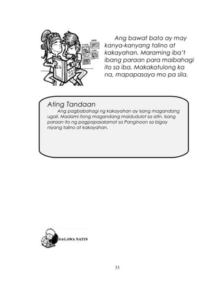Ang bawat bata ay may
kanya-kanyang talino at
kakayahan. Maraming iba’t
ibang paraan para maibahagi
ito sa iba. Makakatulong ka
na, mapapasaya mo pa sila.

Ating Tandaan
Ang pagbabahagi ng kakayahan ay isang magandang
ugali. Madami itong magandang maidudulot sa atin. Isang
paraan ito ng pagpapasalamat sa Panginoon sa bigay
niyang talino at kakayahan.

33

 