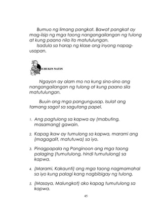 Bumuo ng limang pangkat. Bawat pangkat ay
mag-iisip ng mga taong nangangailangan ng tulong
at kung paano nila ito matutulungan.
Isadula sa harap ng klase ang inyong napagusapan.

Ngayon ay alam mo na kung sino-sino ang
nangangailangan ng tulong at kung paano sila
matutulungan.
Buuin ang mga pangungusap. Isulat ang
tamang sagot sa sagutang papel.
1.

Ang pagtulong sa kapwa ay (mabuting,
masamang) gawain.

2.

Kapag ikaw ay tumulong sa kapwa, marami ang
(magagalit, matutuwa) sa iyo.

3.

Pinagpapala ng Panginoon ang mga taong
palaging (tumutulong, hindi tumutulong) sa
kapwa.

4.

(Marami, Kakaunti) ang mga taong nagmamahal
sa iyo kung palagi kang nagbibigay ng tulong.

5.

(Masaya, Malungkot) ako kapag tumutulong sa
kapwa.
45

 