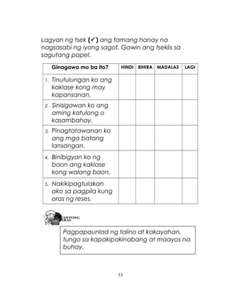 Lagyan ng tsek () ang tamang hanay na
nagsasabi ng iyong sagot. Gawin ang tseklis sa
sagutang papel.
Ginagawa mo ba ito?
1.

Pinagtatawanan ko
ang mga batang
lansangan.

4.

Binibigyan ko ng
baon ang kaklase
kong walang baon.

5.

LAGI

Sinisigawan ko ang
aming katulong o
kasambahay.

3.

BIHIRA MADALAS

Tinutulungan ko ang
kaklase kong may
kapansanan.

2.

HINDI

Nakikipagtulakan
ako sa pagpila kung
oras ng reses.

Pagpapaunlad ng talino at kakayahan,
tungo sa kapakipakinabang at maayos na
buhay.

53

 