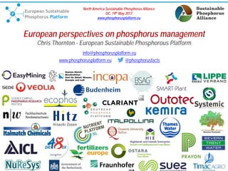 North America Sustainable Phosphorus Alliance
DC, 19th May 2017
www.phosphorusplatform.eu
European perspectives on phosphorus management
Chris Thornton - European Sustainable Phosphorous Platform
info@phosphorusplatform.eu
www.phosphorusplatform.eu @phosphorusfacts
 