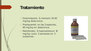 Tratamiento
Oxamniquine: S.mansoni 10-20
mg/kg dosis única.
Praziquantel: en las 3 especies,
60 mg/kg en dosisúnica.
Metrifonato: S.haematobium 1
0
mg/kg cada 2 semanas en 3
ocasiones.
 