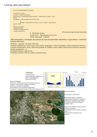 2_Est Ag_Alent_Alg.notebook
2
SUL DA CORDILHEIRA CENTRAL
• Sistema de cultura
Extensivo ­ de baixo rendimento
Monocultura ⇔ Afolhamento bienal ou trienal ­ Trigo+Pousio ou Trigo + Aveia +
Pousio
De Sequeiro ­ tradicionalmente não recorre à rega
⇓
Montado ­ Monocultura de cereais + árvore Montado ­ Monocultura de
cereais + árvore
⇓
Sobreiro ou azinheira
Produção de cortiça
Oliveira ­ nas regiões calcárias
criação de gado suíno
• Morfologia Agrária
Campo aberto ­ frequentemente com árvores
Grande propriedade ­ Latifúndio
• Povoamento aglomerado/concentrado
àRecentemente a introdução de sistemas de rega tem permitido intensificar a agricultura e introduzir
culturas diferentes
Produção ­ Agrícola / Pecuária / Florestal
Culturas Temporárias: cereais (trigo, aveia); prados temporários e culturas forrageiras; culturas industriais (girassol,…);
Culturas Permanentes: olival; vinha (com produção de VQPRD e outros vinhos); frutos frescos (cerejeiras, macieiras,
pereiras pessegueiros,…);
Produção Pecuária: gado bovino;
Produção Florestal: sobreiro; azinheira; pinheiro manso.
Alentejo
Fatores Físicos
Clima temperado mediterrâneo;
Relevo de peneplanícies;
Solos pouco férteis.
Factores Humanos
Históricos: influência árabe com introdução da oliveira,…;
burguesia compra terras vendidas pelo Estado e
assiste­se ao domínio do latifúndio…
Demográficos: baixa densidade populacional;
Económicos: campanha do trigo (1958); reforma agrária (1975).
Beja
Estrutura Agrária
Povoamento: concentrado;
Morfologia agrária: latifúndios;
campos abertos (sobreiros e azinheiras
estabelecem a paisagem característica ­
o montado); pequena densidade de
caminhos rurais.
Sistema de culturas: sistema extensivo
(cereais com pousio);
monocultural (oliveira, sobreiro, azinheira,
vinha,…);
criação extensiva de gado ovino
e bovino.
 