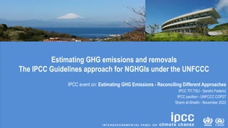 Estimating GHG emissions and removals
The IPCC Guidelines approach for NGHGIs under the UNFCCC
IPCC event on: Estimating GHG Emissions - Reconciling Different Approaches
IPCC TFI TSU - Sandro Federici
IPCC pavilion - UNFCCC COP27
Sharm el-Sheikh - November 2022
 