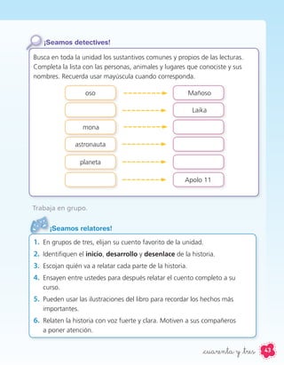 Trabaja en grupo.
¡Seamos relatores!
1. En grupos de tres, elijan su cuento favorito de la unidad.
2. Identifiquen el inicio, desarrollo y desenlace de la historia.
3. Escojan quién va a relatar cada parte de la historia.
4. Ensayen entre ustedes para después relatar el cuento completo a su
curso.
5. Pueden usar las ilustraciones del libro para recordar los hechos más
importantes.
6. Relaten la historia con voz fuerte y clara. Motiven a sus compañeros
a poner atención.
¡Seamos detectives!
Busca en toda la unidad los sustantivos comunes y propios de las lecturas.
Completa la lista con las personas, animales y lugares que conociste y sus
nombres. Recuerda usar mayúscula cuando corresponda.
oso Mañoso
Laika
mona
astronauta
planeta
Apolo 11
43_cuarenta y _tres
 