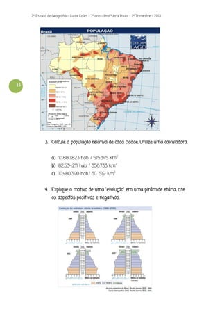 2º Estudo de Geografia - Luiza Collet – 7º ano – Prof.ª Ana Paula – 2º Trimestre – 2013

15

3. Calcule a população relativa de cada cidade. Utilize uma calculadora.
a) 10.880.823 hab. / 515.345 km2
b) 82.534.211 hab. / 356.733 km2
c) 10.480.390 hab./ 30. 519 km2
4. Explique o motivo de uma “evolução” em uma pirâmide etária, cite
os aspectos positivos e negativos.

 