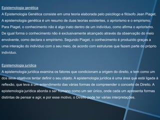 Epistemologia genética
A Epistemologia Genética consiste em uma teoria elaborada pelo psicólogo e filósofo Jean Piaget.
A epistemologia genética é um resumo de duas teorias existentes, o apriorismo e o empirismo.
Para Piaget, o conhecimento não é algo inato dentro de um indivíduo, como afirma o apriorismo.
De igual forma o conhecimento não é exclusivamente alcançado através da observação do meio
envolvente, como declara o empirismo. Segundo Piaget, o conhecimento é produzido graças a

uma interação do indivíduo com o seu meio, de acordo com estruturas que fazem parte do próprio
indivíduo.

Epistemologia jurídica

A epistemologia jurídica examina os fatores que condicionam a origem do direito, e tem como um
dos seus objetivos tentar definir o seu objeto. A epistemologia jurídica é uma área que está ligada à
reflexão, que leva a um entendimento das várias formas de compreender o conceito de Direito. A
epistemologia jurídica aborda o ser humano como um ser único, onde cada um apresenta formas
distintas de pensar e agir, e por esse motivo, o Direito pode ter várias interpretações.

 